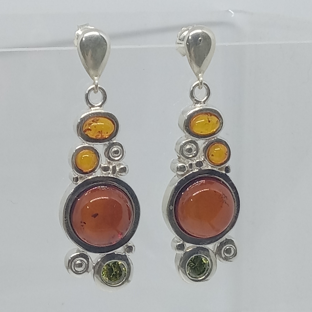 * Sterling Silver & Amber with rhinestones long drop dangle earrings